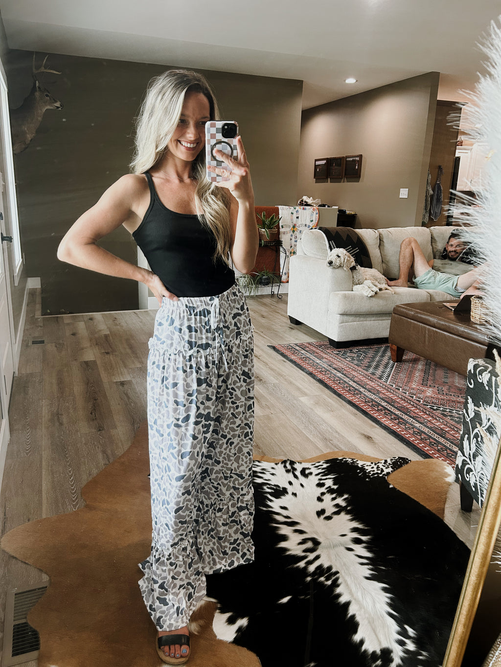 Camo Ruffle Wide Leg Drawstring Pants