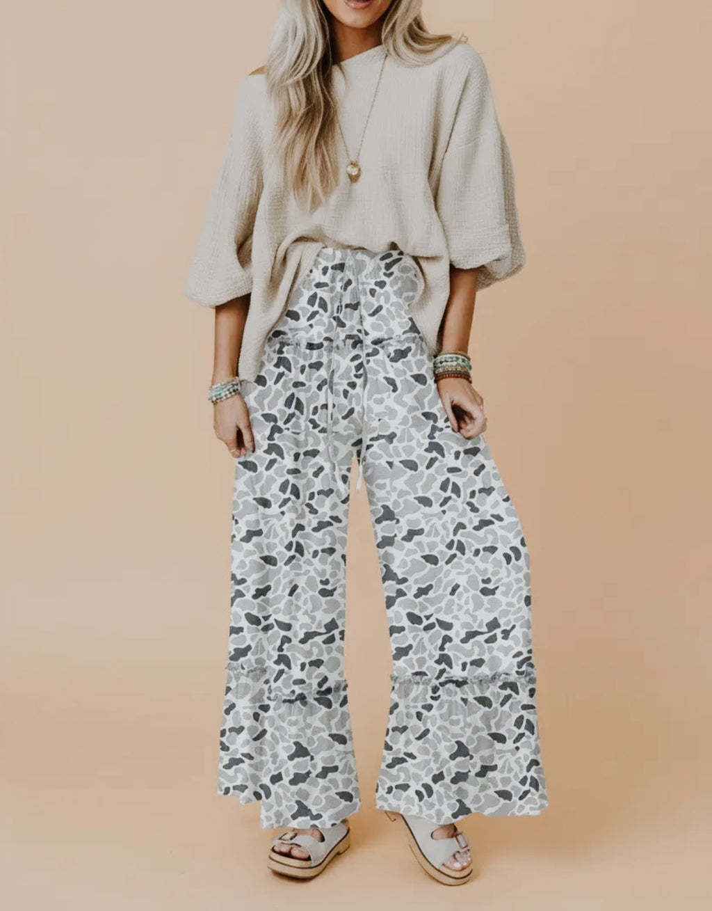 Camo Ruffle Wide Leg Drawstring Pants
