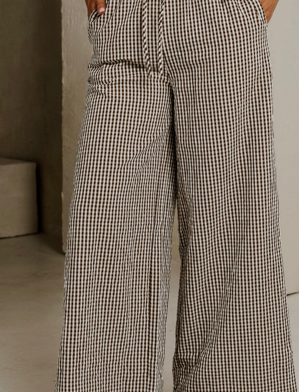 Gingham Wide Leg Pants - Coffee